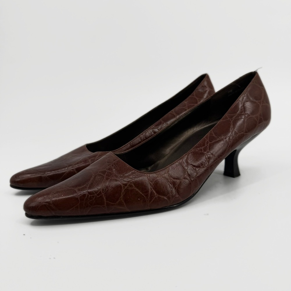 Linea Roma Kitten Heel Pumps Croco Embossed 90s Vintage Womens Size 11M Brown